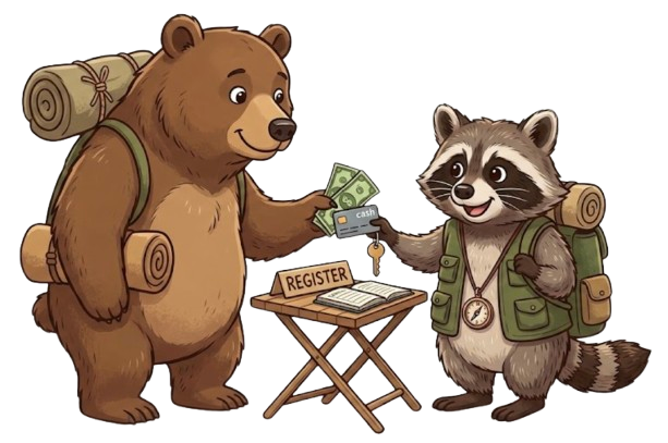 A bear guest checking in with a raccoon ranger at the register