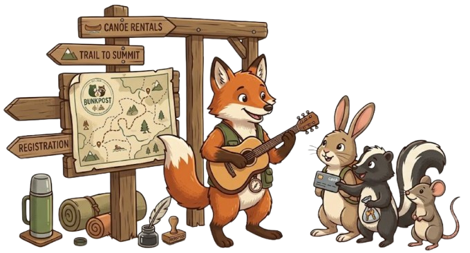 A fox ranger with a guitar welcoming a line of new arrivals